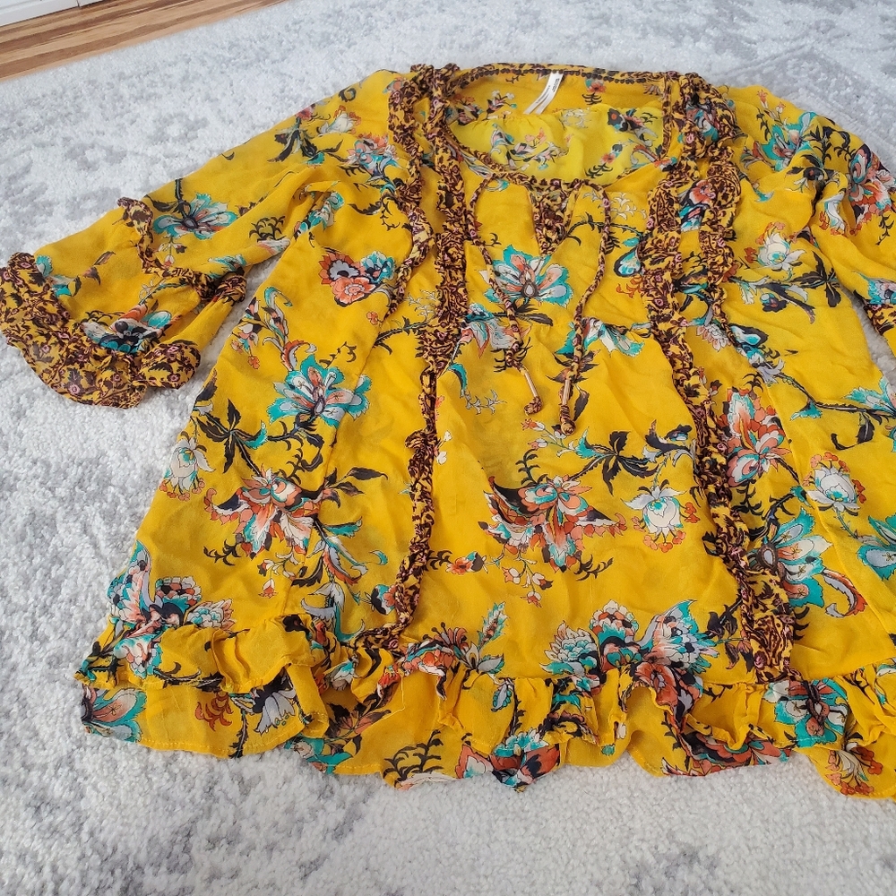 Anthropologie Ruffle Yellow Mesh Blouse - Picture 2 of 8